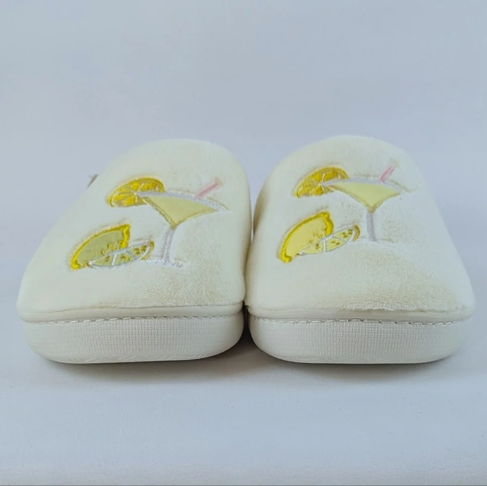 Slippers Lemon Drop Martini Embroidery Faux Fur Slip On Ivory M (6.5-7.5) NWT - Picture 7 of 13